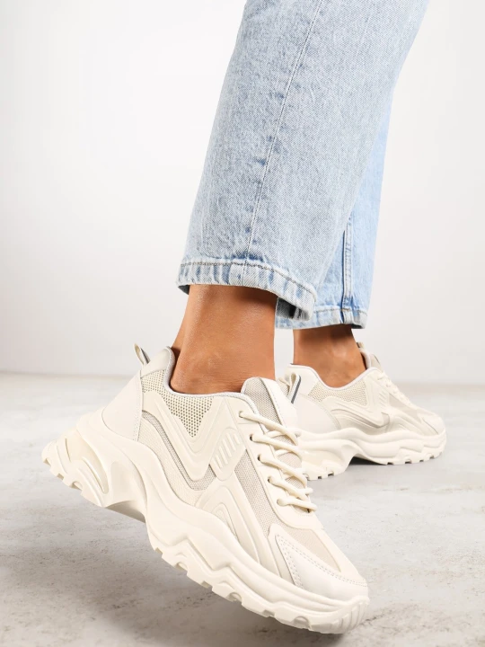 Zdjęcie produktu Beżowe Sznurowane Sneakersy na Grubej Podeszwie z Przeszyciami Vleni Vices