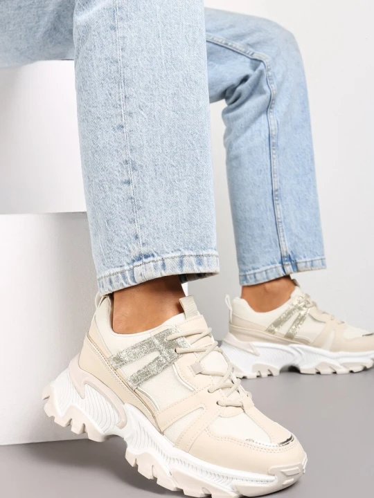 Zdjęcie produktu Beżowe Sznurowane Sneakersy na Grubej Podeszwie ze Wstawkami i Brokatem Widgeta