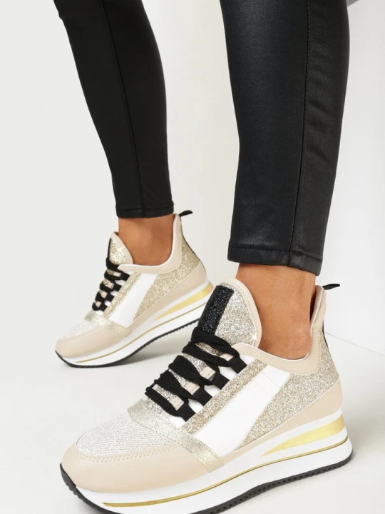 Zdjęcie produktu Beżowe Sznurowane Sneakersy na Płaskiej Grubej Podeszwie z Brokatem Reyrel