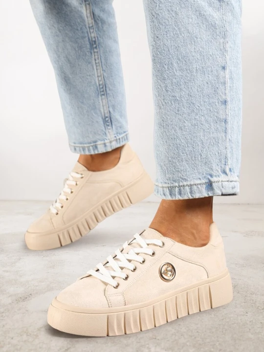 Zdjęcie produktu Beżowe Sznurowane Sneakersy Vices na Platformie z Tłoczeniem i Metaliczną Aplikacją Lavfedi