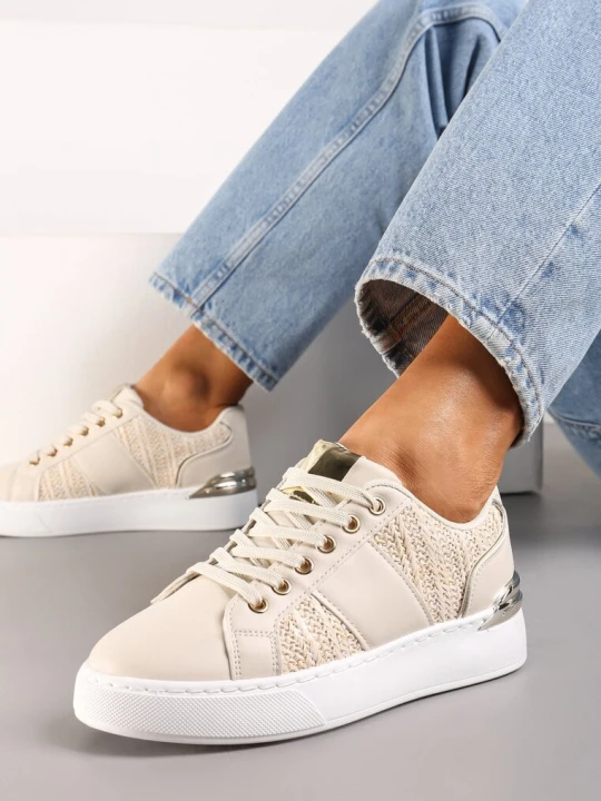 Zdjęcie produktu Beżowe Sznurowane Sneakersy z Plecionką i Metaliczną Wstawką Josephina