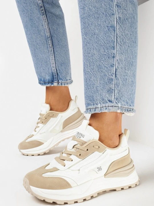 Zdjęcie produktu Beżowe Sznurowane Sneakersy z Ozdobnymi Wstawkami i Numerkiem Nelocca