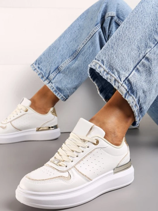 Zdjęcie produktu Beżowo-Białe Sneakersy na Niskiej Platformie z Brokatowymi i Metalicznymi Wstawkami Limexa