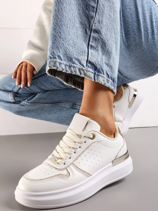 Zdjęcie produktu Beżowo-Białe Sneakersy na Platformie Ozdobione Brokatem i Metaliczną Wstawką Mexia