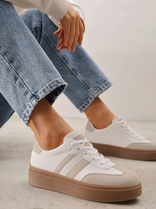 Zdjęcie produktu Beżowo-Białe Sneakersy Tenisówki Ozdobione Paskami Sovresia Ideal