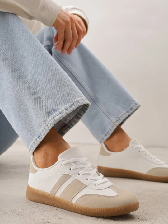 Zdjęcie produktu Beżowo-Białe Sneakersy w Stylu Tenisówek z Paskami Danareth Seastar
