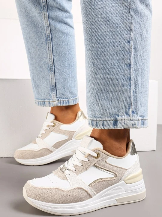 Zdjęcie produktu Beżowo-Białe Sneakersy z Materiałowymi Wstawkami i Niskim Koturnem Zireael