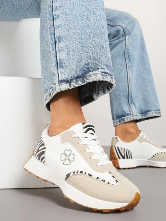 Zdjęcie produktu Beżowo-Białe Sneakersy Zdobione Haftem i Zeberkowymi Wstawkami Alinalla Givana