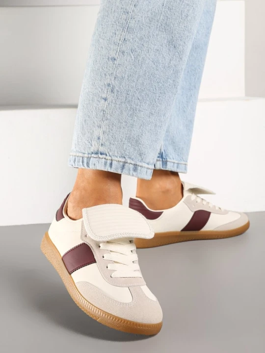 Zdjęcie produktu Beżowo-Bordowe Sneakersy na Płaskiej Podeszwie z Wywiniętym Językiem Felilora