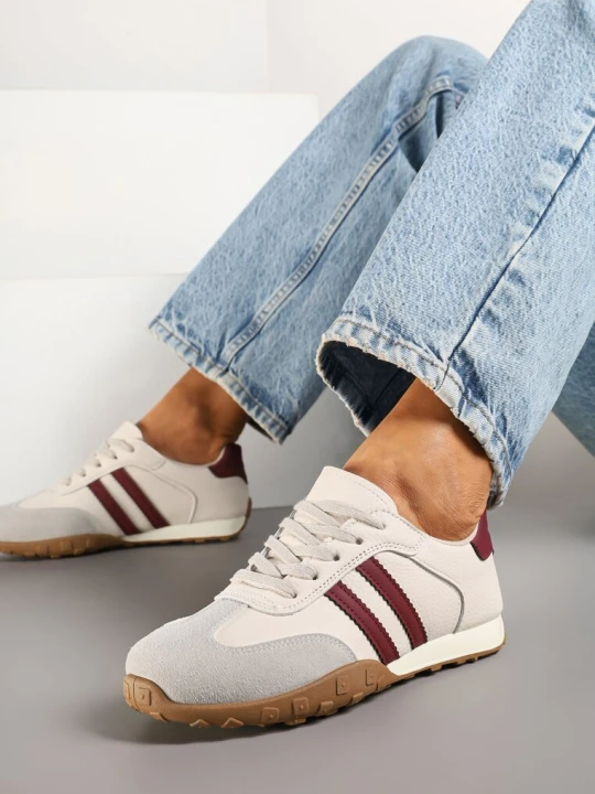 Zdjęcie produktu Beżowo-Bordowe Sneakersy Ozdobione Paskami Abliste