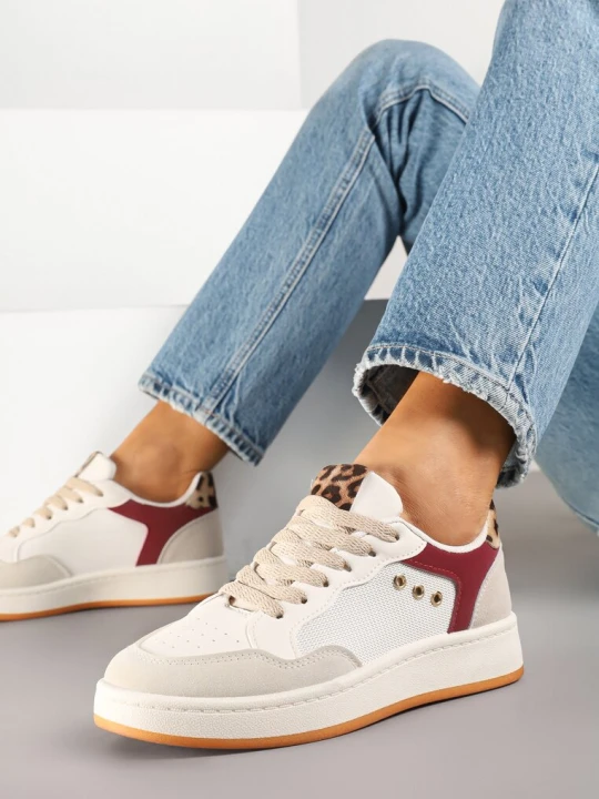 Zdjęcie produktu Beżowo-Bordowe Streetwearowe Sneakersy Zdobione Przeszyciami Neonisea Ideal