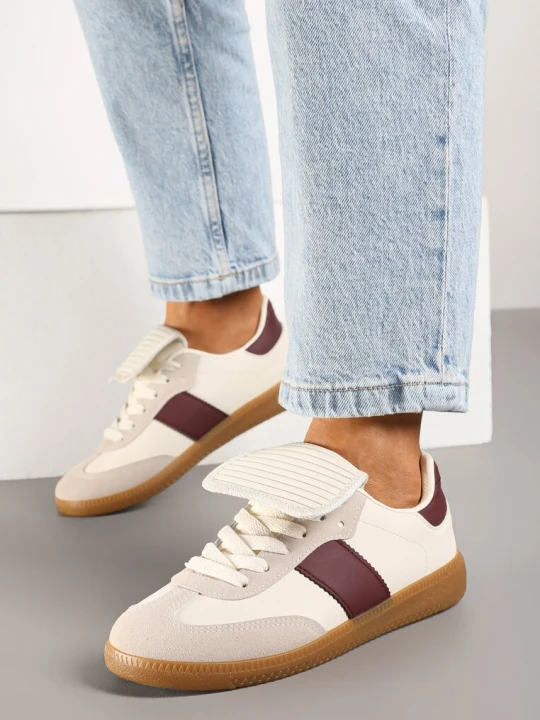 Zdjęcie produktu Beżowo-Bordowe Sznurowane Płaskie Sneakersy z Geometrycznym Wzorem Felilva