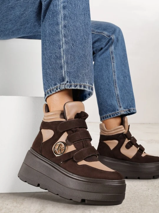Zdjęcie produktu Beżowo-Brązowe Botki Sneakersy Vices na Platformie w Stylu Y2K Gelira