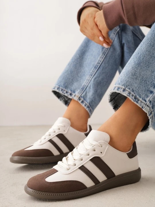 Zdjęcie produktu Beżowo-Brązowe Casualowe Sneakersy na Płaskiej Podeszwie z Paskami Jereria Vices