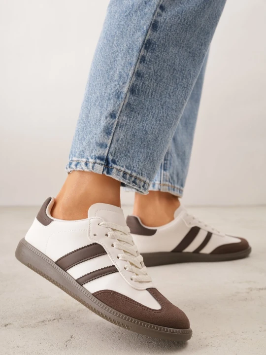 Zdjęcie produktu Beżowo-Brązowe Płaskie Sneakersy Ozdobione Paskami Glaria Gowin