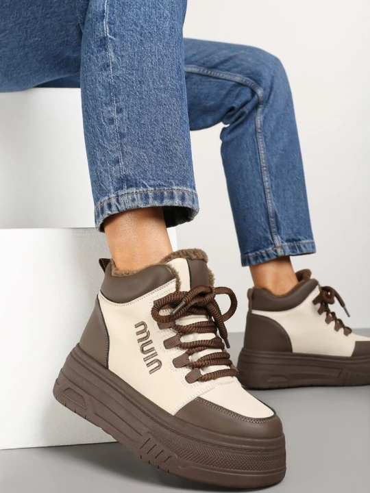Zdjęcie produktu Beżowo-Brązowe Sneakersy na Grubej Podeszwie Mocno Ocieplane Futrem Leavinael Vices