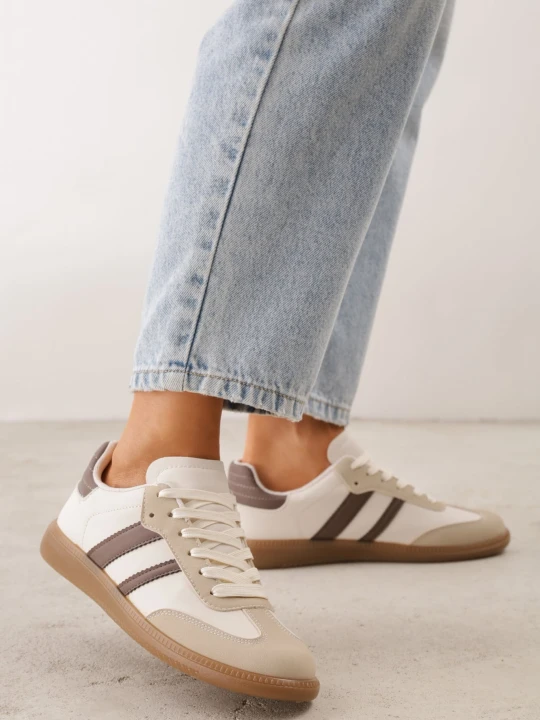 Zdjęcie produktu Beżowo-Brązowe Sneakersy na Płaskiej Podeszwie z Kontrastowymi Paskami Jereria Gowin
