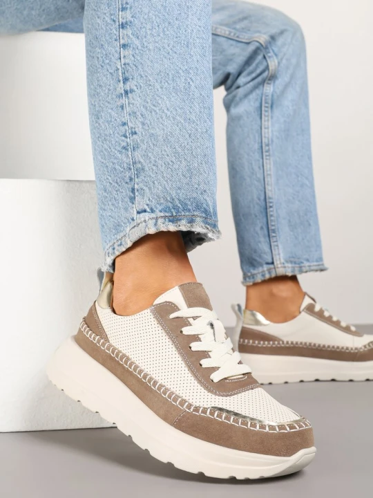 Zdjęcie produktu Beżowo-Brązowe Sneakersy Skórzane Ozdobione Metalicznymi Wstawkami i Przeszyciami Renosa Goodin