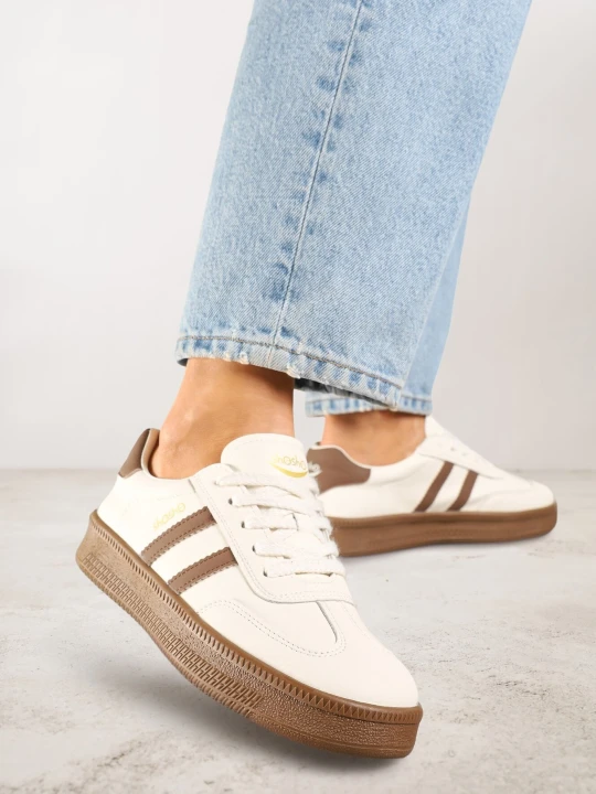 Zdjęcie produktu Beżowo-Brązowe Sneakersy w Stylu Tenisówek z Paskami na Boku Saliena Shosho