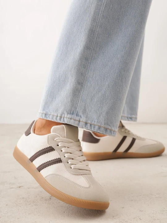 Zdjęcie produktu Beżowo-Brązowe Sneakersy z Ekozamszu na Płaskiej Podeszwie Pemeriana
