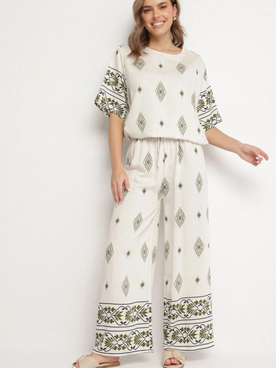 Zdjęcie produktu Beżowo-Ciemnozielony Wiskozowy Komplet w Stylu Boho Szerokie Spodnie i Bluzka T-shirt Sarilorae J&x