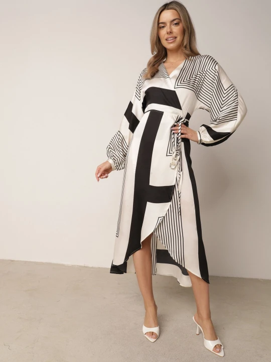 Zdjęcie produktu Beżowo-Czarna Sukienka Kopertowa Kimono z Geometrycznym Wzorem i Wiązanym Paskiem Klerossa Bisou's Project