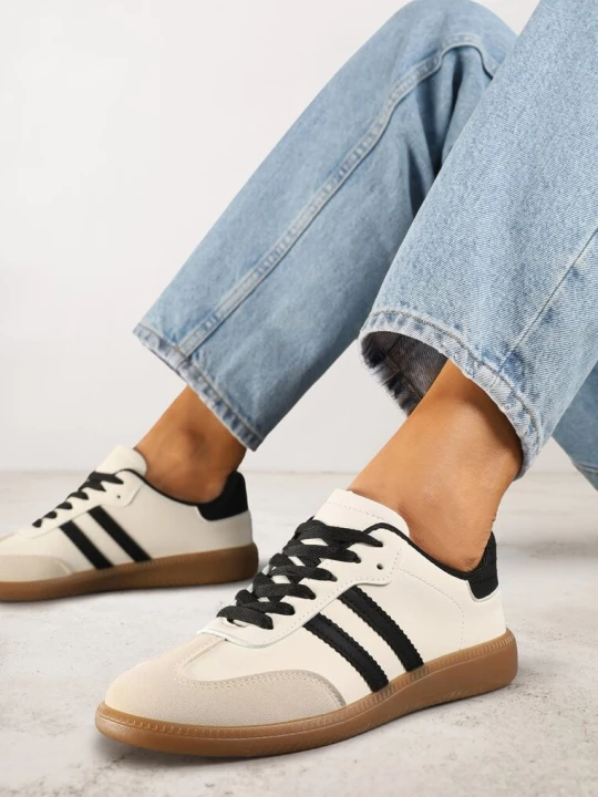 Zdjęcie produktu Beżowo-Czarne Casualowe Sneakersy na Płaskiej Podeszwie z Paskami Jereria Vices