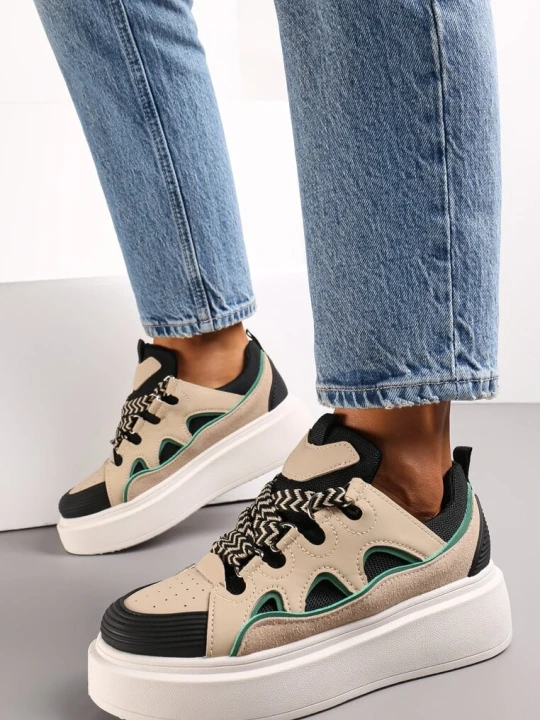 Zdjęcie produktu Beżowo-Czarne Sneakersy na Platformie Nazario