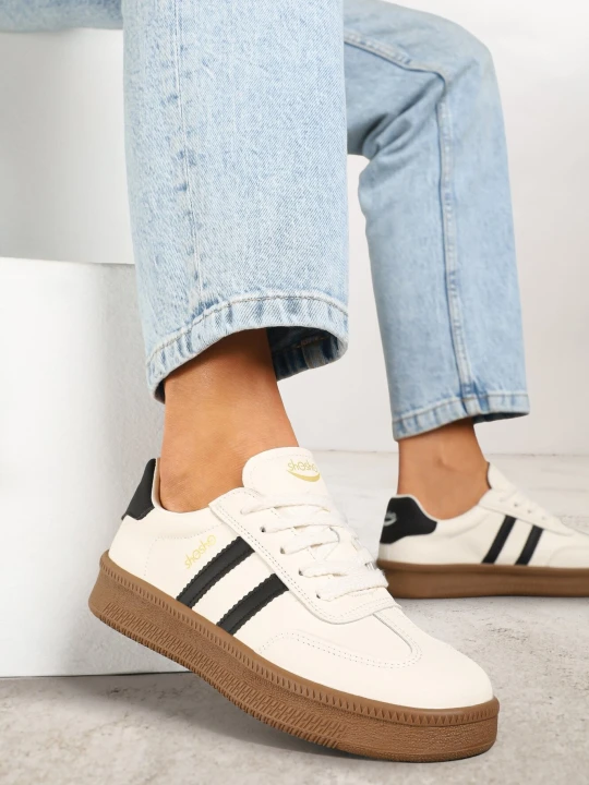 Zdjęcie produktu Beżowo-Czarne Sneakersy w Stylu Tenisówek z Paskami na Boku Saliena Shosho