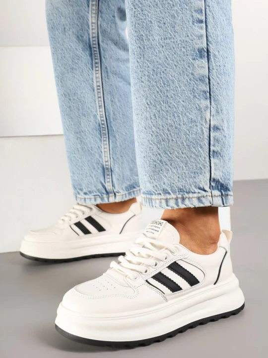 Zdjęcie produktu Beżowo-Czarne Sneakersy z Geometrycznym Wzorem Fonawia