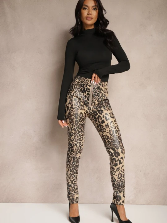 Zdjęcie produktu Beżowo-Czarne Spodnie w Panterkę High Waist z Ekoskóry z Ozdobnym Suwakiem i Ociepleniem Ilanilith