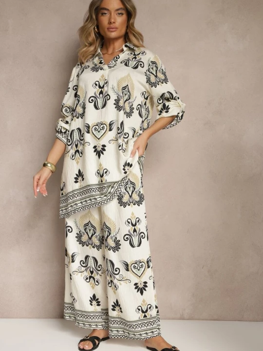 Zdjęcie produktu Beżowo-Czarny Komplet z Wiskozą Szerokie Spodnie i Bluzka w Stylu Boho Rinadora M&d Fashion