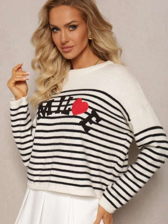 Zdjęcie produktu Beżowo-Czarny Sweter z Napisem Smile i Wzorem w Paski Suwaia Elsa.m By May