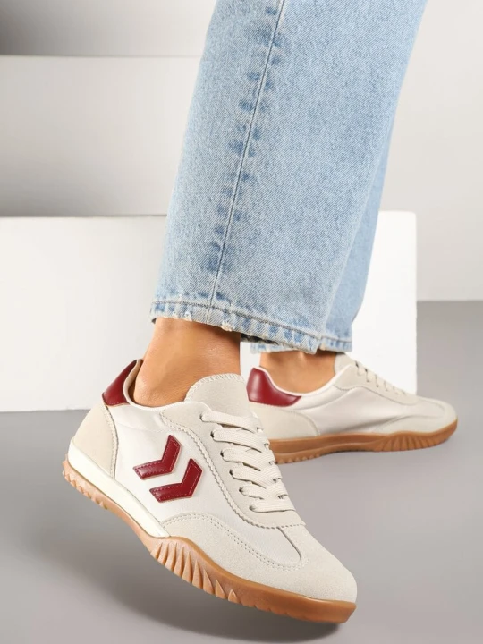 Zdjęcie produktu Beżowo-Czerwone Sneakersy Typu Kultowe Tenisówki Zdobione Przeszyciami Mepenna 888