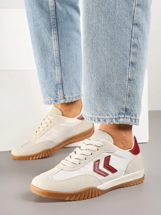 Zdjęcie produktu Beżowo-Czerwone Sneakersy w Stylu Klasycznych Tenisówek z Ozdobnymi Przeszyciami Mepnia 888