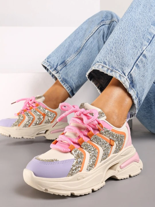 Zdjęcie produktu Beżowo-Fioletowe Brokatowe Sneakersy na Grubej Podeszwie Wlanna