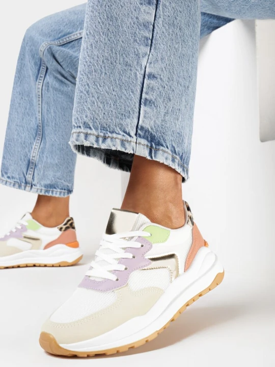 Zdjęcie produktu Beżowo-Fioletowe Sneakersy na Płaskiej Podeszwie z Ozdobnymi Wstawkami Aizra