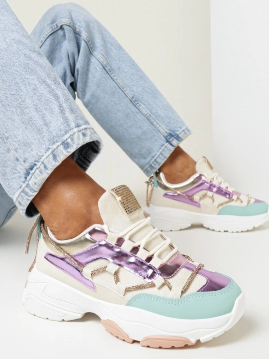 Zdjęcie produktu Beżowo-Fioletowe Sneakersy z Dekoracyjnym Sznurkiem z Cyrkoniami Katalynne