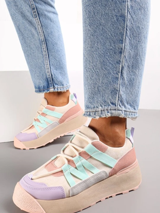 Zdjęcie produktu Beżowo-Fioletowe Sznurowane Płaskie Sneakersy z Kolorowymi Wstawkami z Ekoskóry Wonise