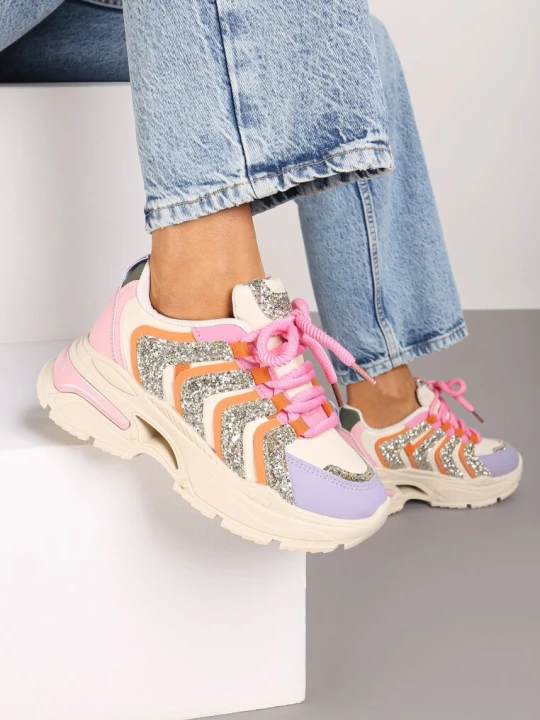 Zdjęcie produktu Beżowo-Fioletowe Sznurowane Sneakersy na Platformie Ozdobione Brokatem Ewla