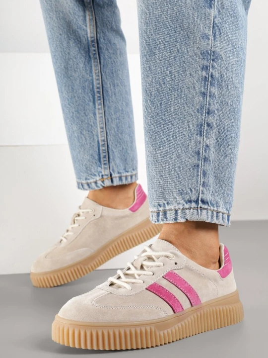 Zdjęcie produktu Beżowo-Fuksjowe Skórzane Sneakersy Klasyczne Tenisówki z Zamszu Naturalnego Teniresela Goodin
