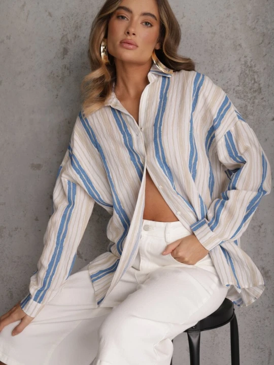 Zdjęcie produktu Beżowo-Niebieska Casualowa Koszula z Bawełny w Paski Sileata Melya By Melody