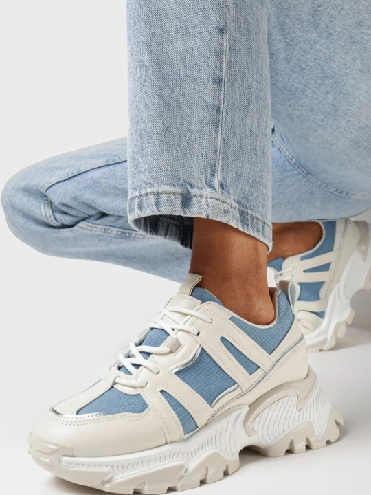 Zdjęcie produktu Beżowo-Niebieskie Sneakersy na Grubej Podeszwie z Brokatem i Wstawkami Tensora