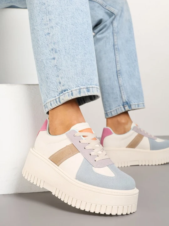 Zdjęcie produktu Beżowo-Niebieskie Sneakersy Typu Tenisówki na Żłobionej Platformie Lorreia Ideal