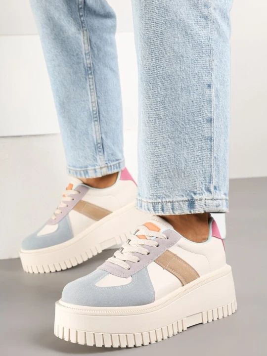 Zdjęcie produktu Beżowo-Niebieskie Sneakersy w Stylu Tenisówek na Platformie z Tłoczeniami Firreis Ideal
