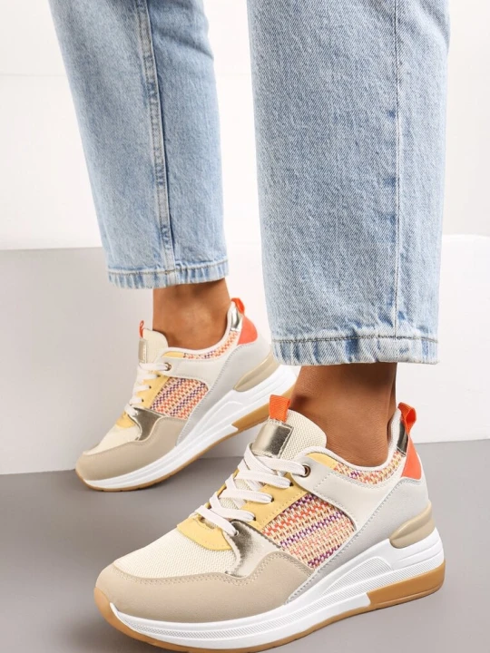 Zdjęcie produktu Beżowo-Pomarańczowe Sneakersy z Niskim Koturnem i Ozdobnymi Wstawkami Ysabeltia