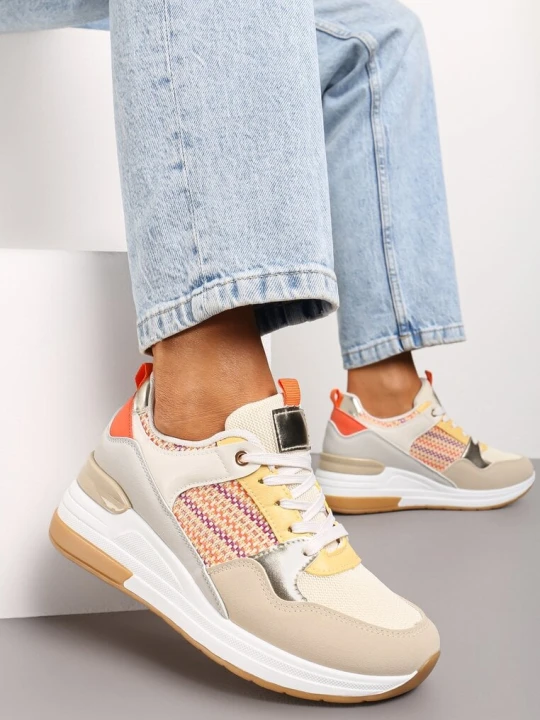 Zdjęcie produktu Beżowo-Pomarańczowe Sznurowane Sneakersy na Niskim Koturnie Xanthema