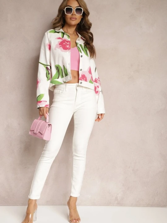 Zdjęcie produktu Beżowo-Różowa Kurtka Jeansowa z Bawełny we Florystyczny Print Arielapa Sophyline