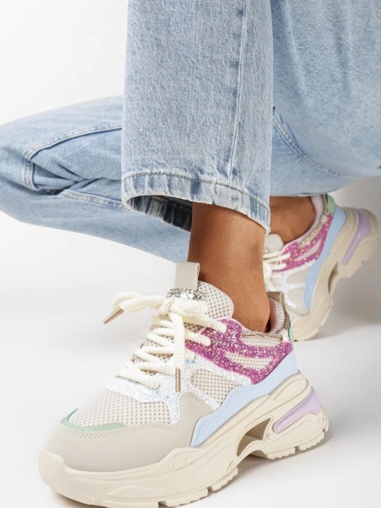 Zdjęcie produktu Beżowo-Różowe Sneakersy na Grubej Podeszwie z Brokatowymi Wstawkami i Cyrkoniami Wirnessa