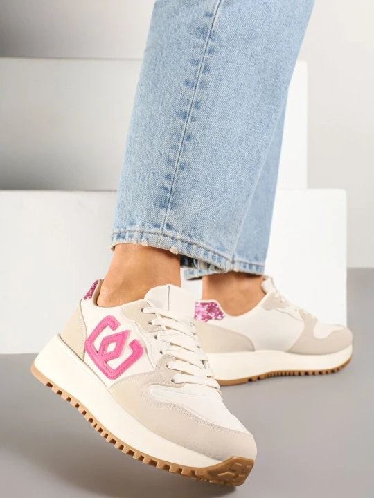 Zdjęcie produktu Beżowo-Różowe Sneakersy na Grubej Podeszwie z Ozdobną Aplikacją Alivrella